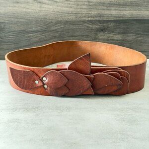Vintage Chico's Brown All-Leather Applied Leaves Wide Waist Belt Women's M